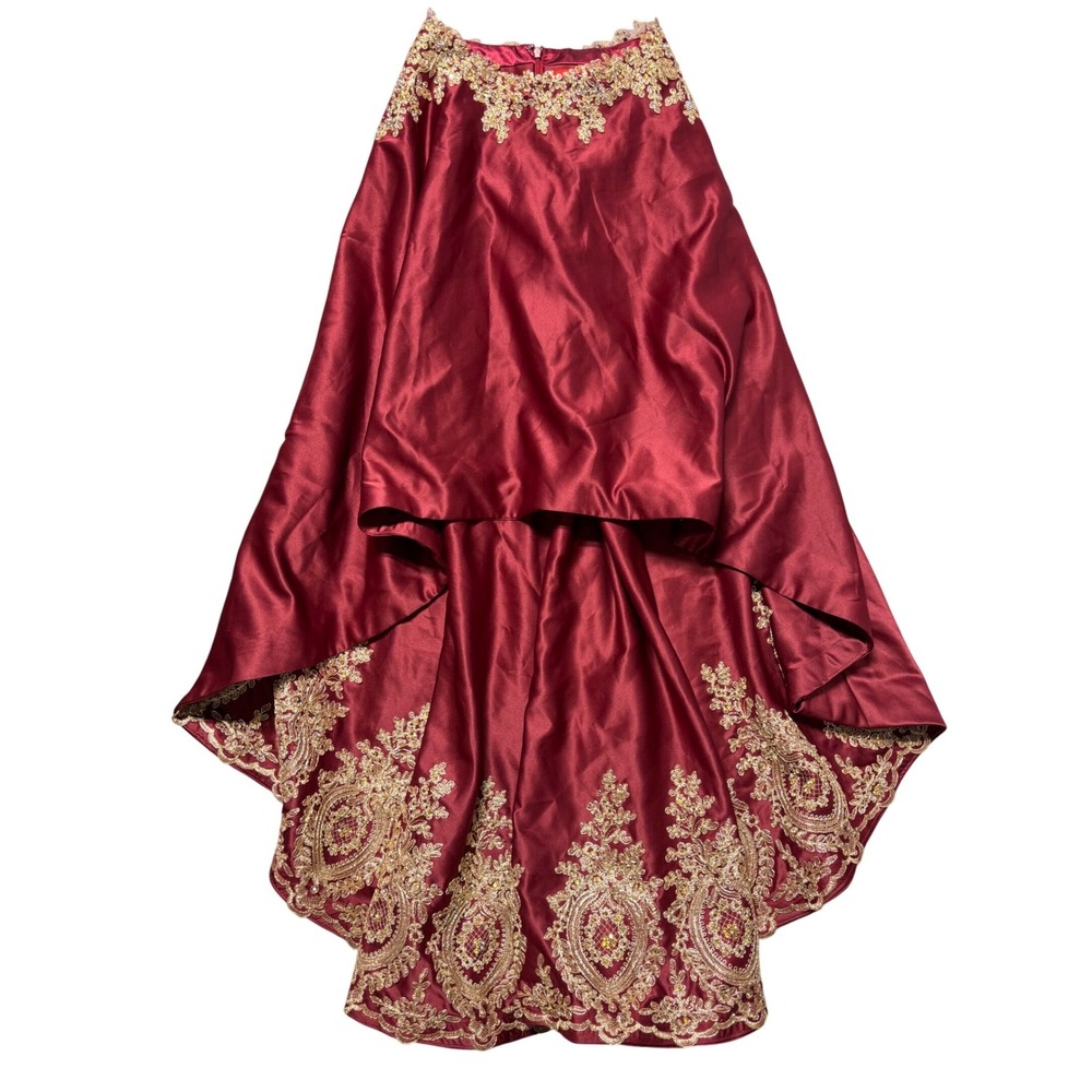 Dancing Queen USA Burgundy Satin High-Low Formal Skirt Gold Embroidery Small